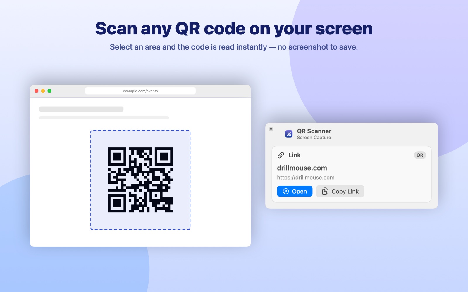 Selecting a QR code on screen and the result
