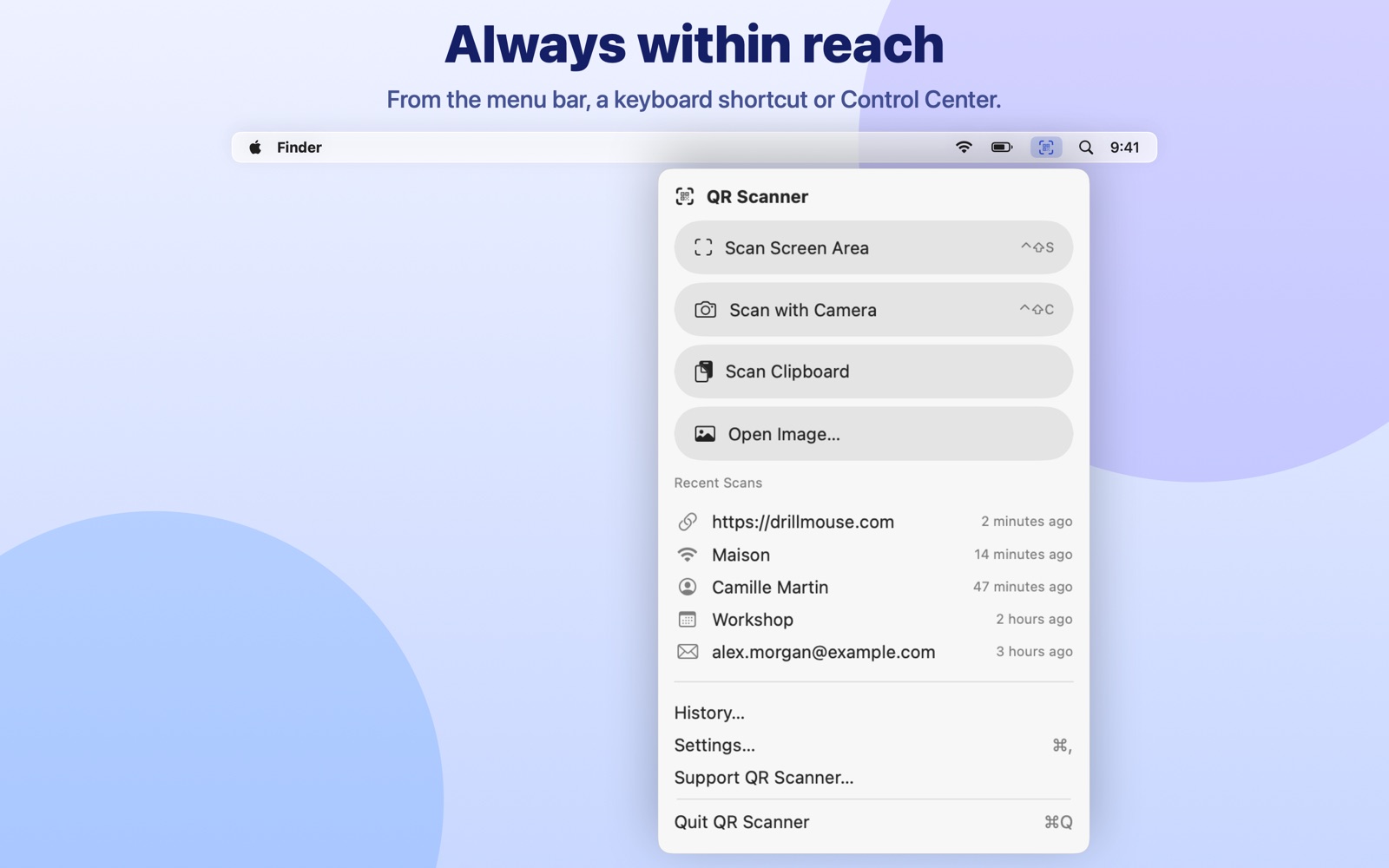 The QR Scanner menu in the menu bar