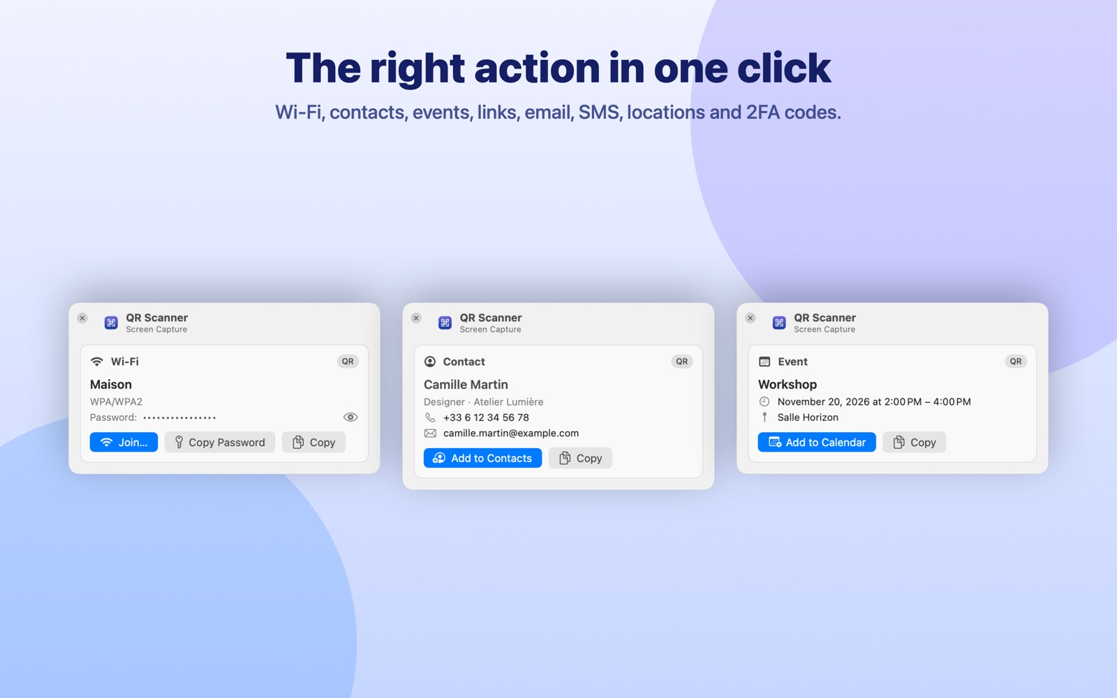 Actions for Wi‑Fi, a contact and an event