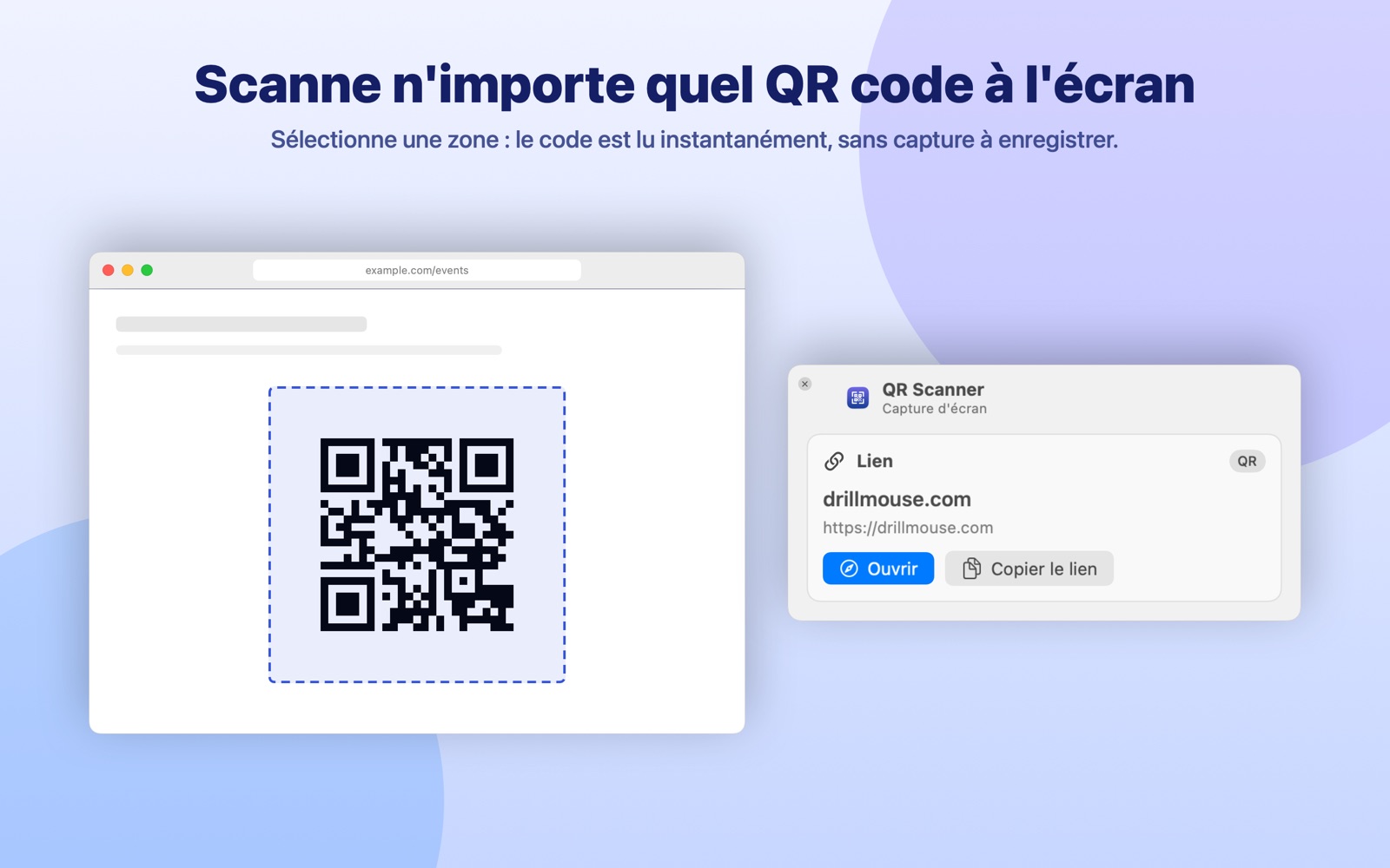 Sélection d'un QR code à l'écran et résultat