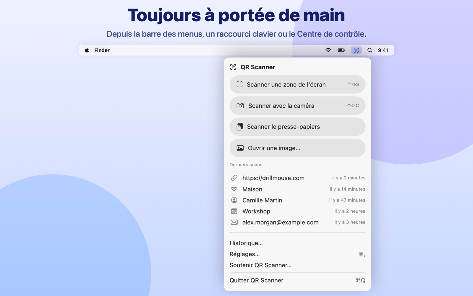 Le menu de QR Scanner dans la barre des menus