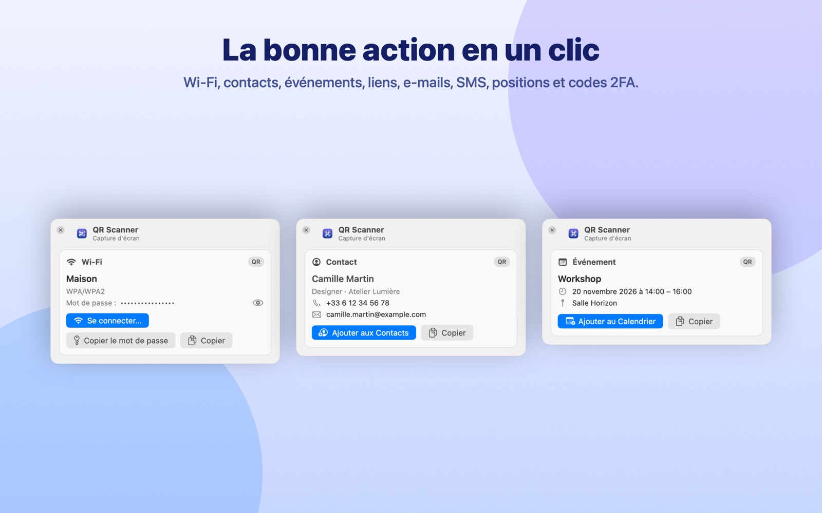 Actions pour un Wi‑Fi, un contact et un événement